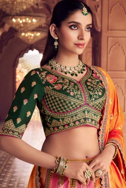 Multi Color Banarasi Silk Embroidered Wedding Lehenga Choli