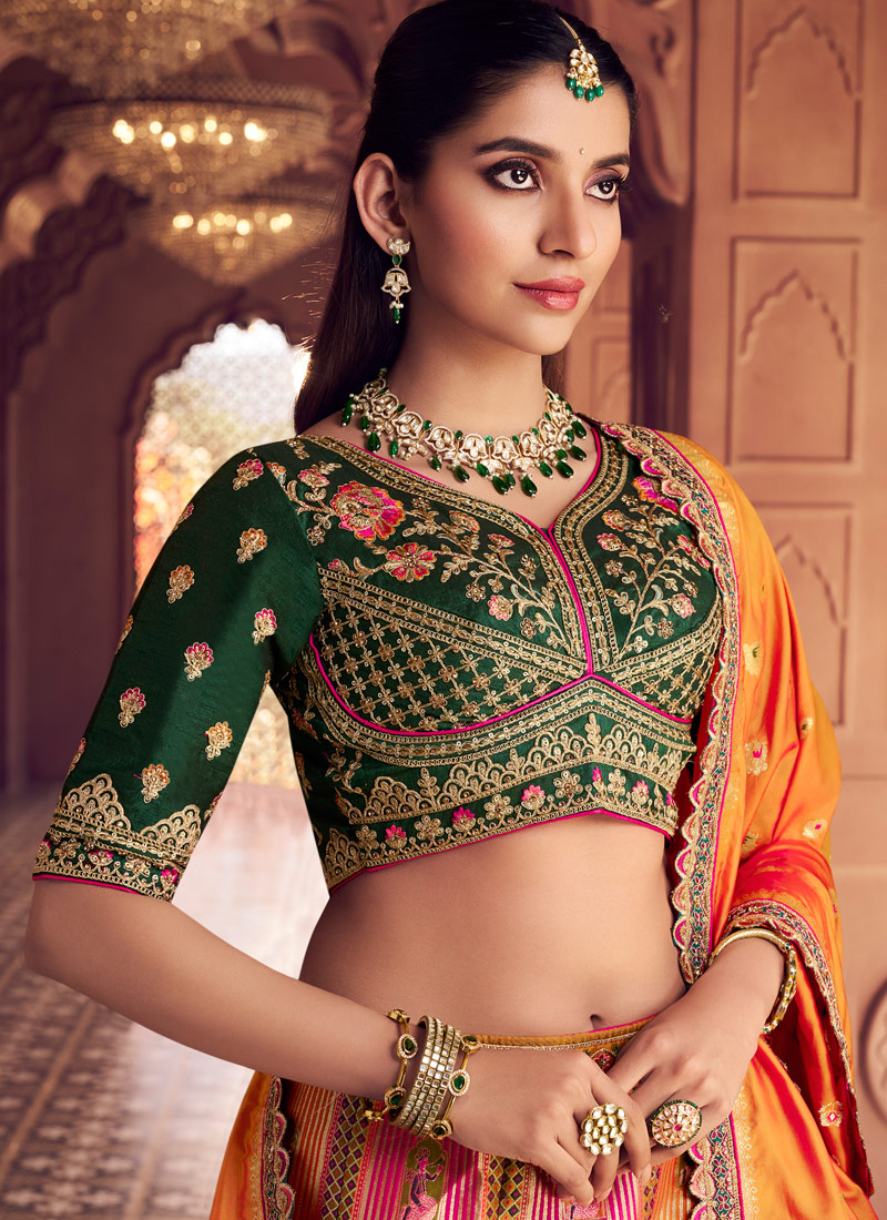 Multi Color Banarasi Silk Embroidered Wedding Lehenga Choli