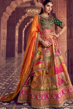 Multi Color Banarasi Silk Embroidered Wedding Lehenga Choli
