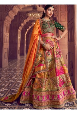 Multi Color Banarasi Silk Embroidered Wedding Lehenga Choli