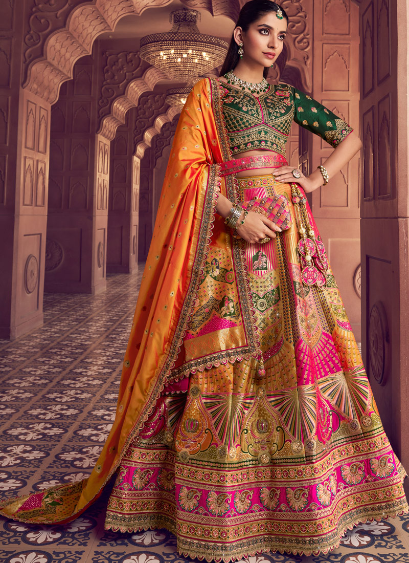 Multi Color Banarasi Silk Embroidered Wedding Lehenga Choli