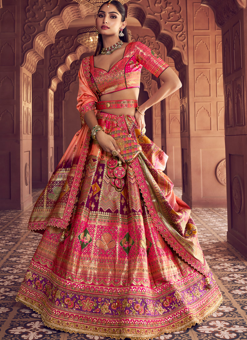 Multi Color Banarasi Silk Weaving Work Wedding Lehenga Choli