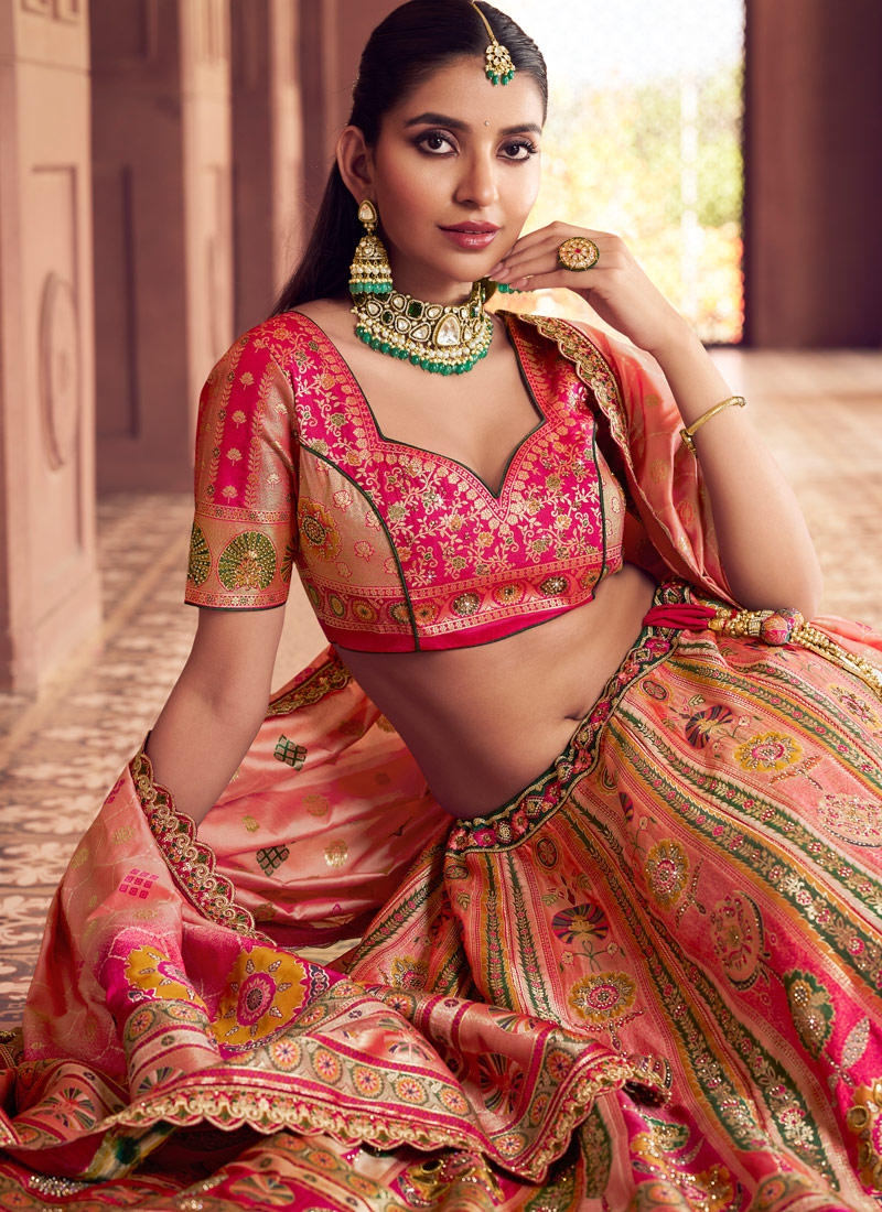 Multi Color Banarasi Silk Sequins Embroidered Wedding Lehenga Choli