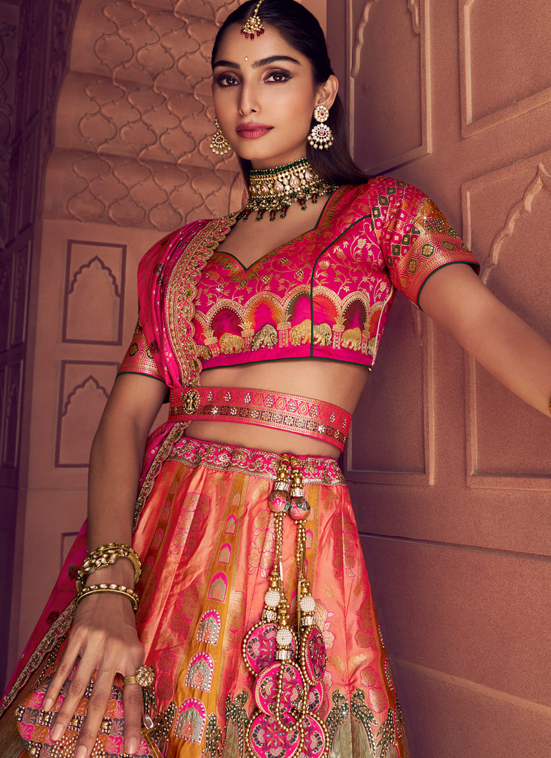 Multi Color Banarasi Silk Swarovski Wedding Lehenga Choli