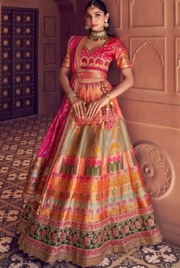 Multi Color Banarasi Silk Swarovski Wedding Lehenga Choli