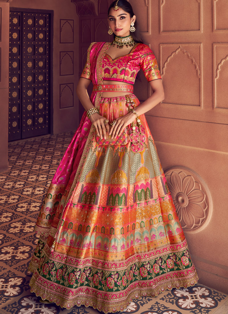 Multi Color Banarasi Silk Swarovski Wedding Lehenga Choli