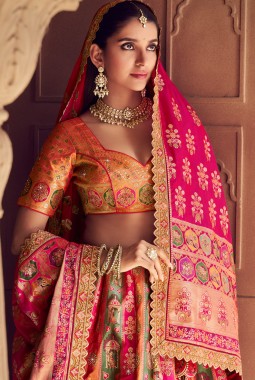 Multi Color Banarasi Silk Zari Weaving Work Wedding Lehenga Choli