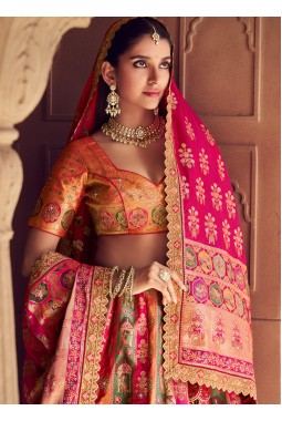 Multi Color Banarasi Silk Zari Weaving Work Wedding Lehenga Choli
