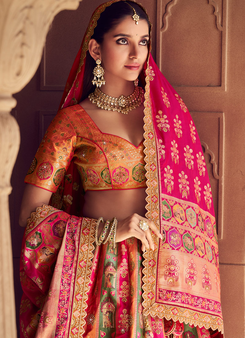 Multi Color Banarasi Silk Zari Weaving Work Wedding Lehenga Choli
