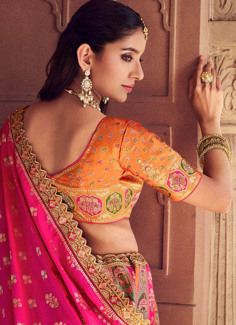 Multi Color Banarasi Silk Zari Weaving Work Wedding Lehenga Choli