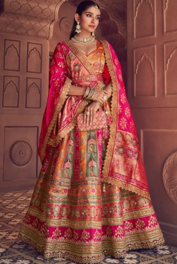 Multi Color Banarasi Silk Zari Weaving Work Wedding Lehenga Choli