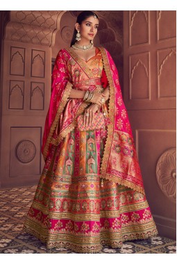 Multi Color Banarasi Silk Zari Weaving Work Wedding Lehenga Choli
