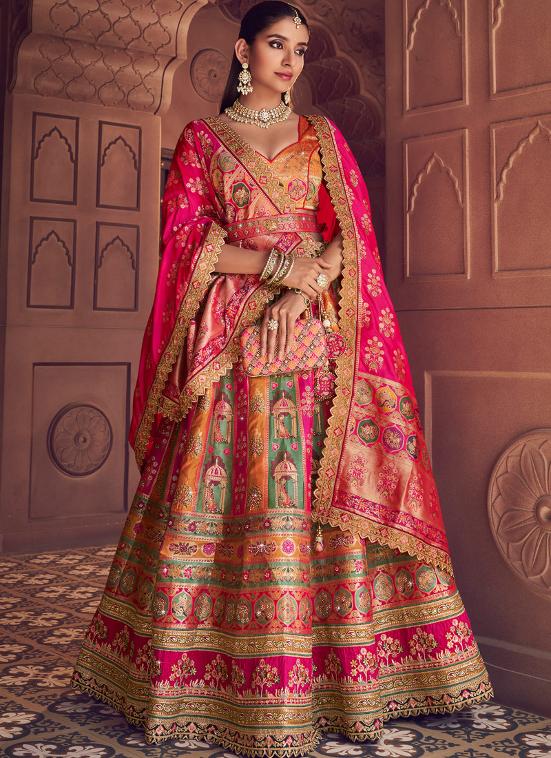 Multi Color Banarasi Silk Zari Weaving Work Wedding Lehenga Choli