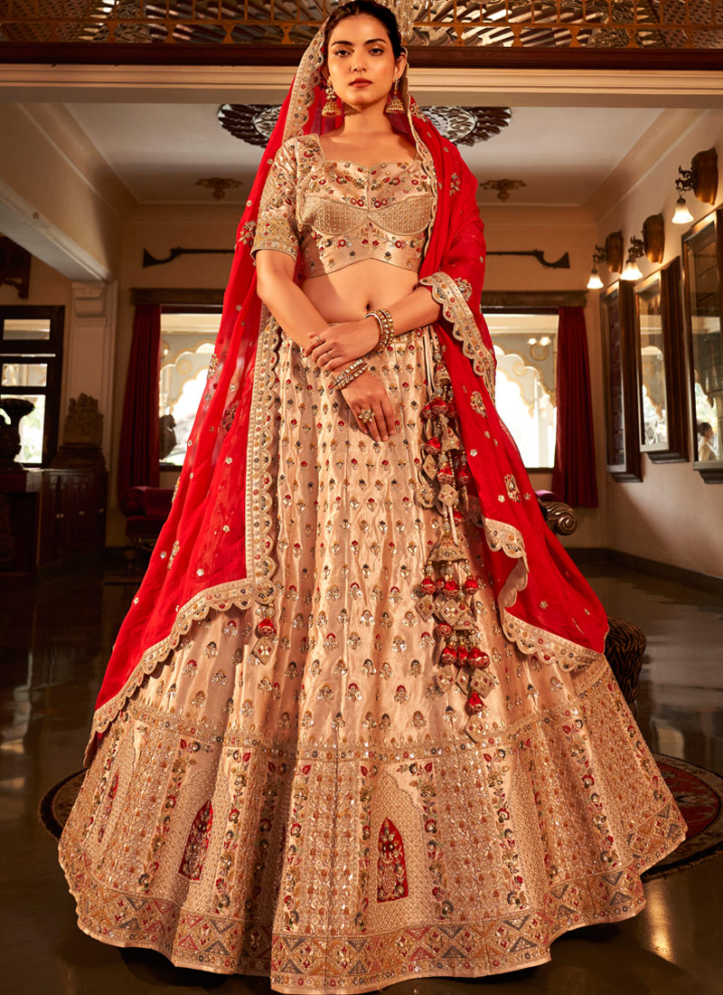 Chiku Satin Silk Heavy Hand Work Wedding Lehenga Choli