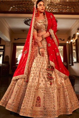 Chiku Satin Silk Heavy Hand Work Wedding Lehenga Choli