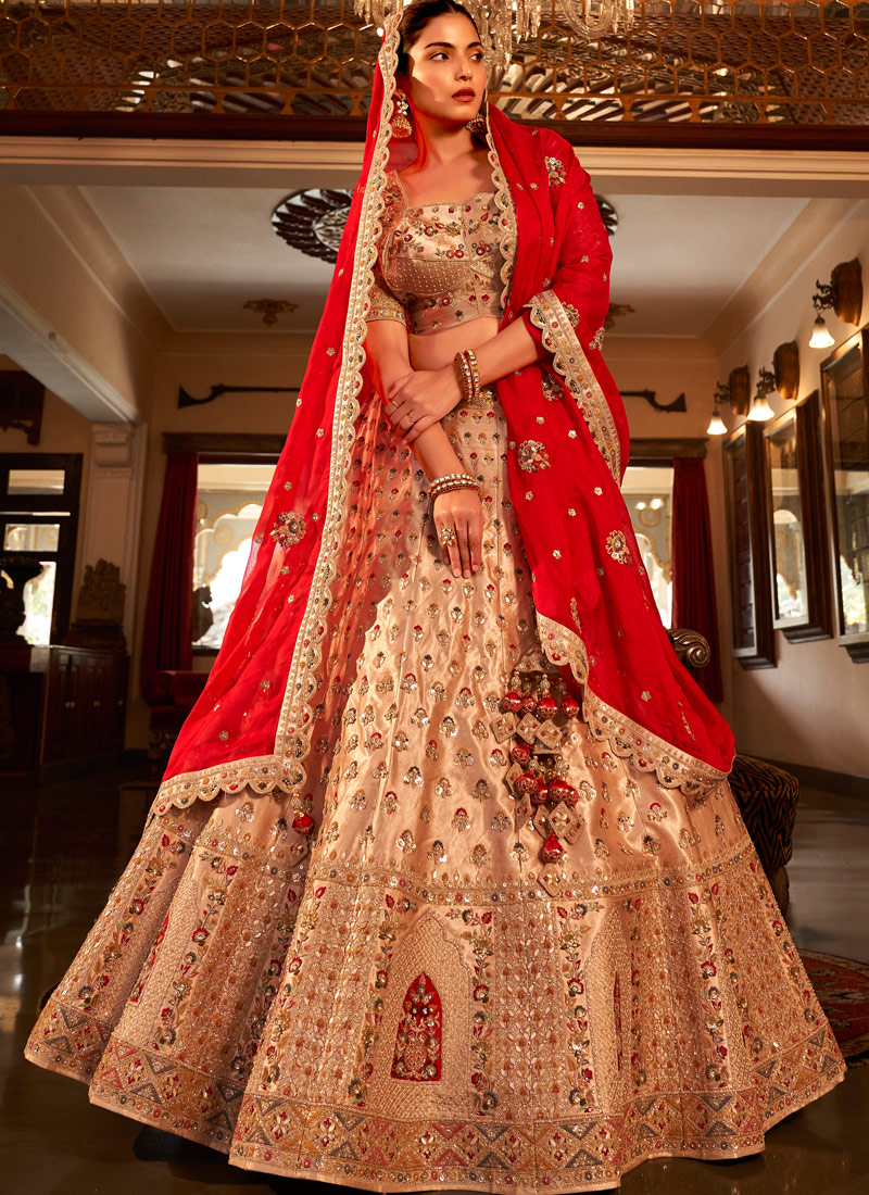 Chiku Satin Silk Heavy Hand Work Wedding Lehenga Choli