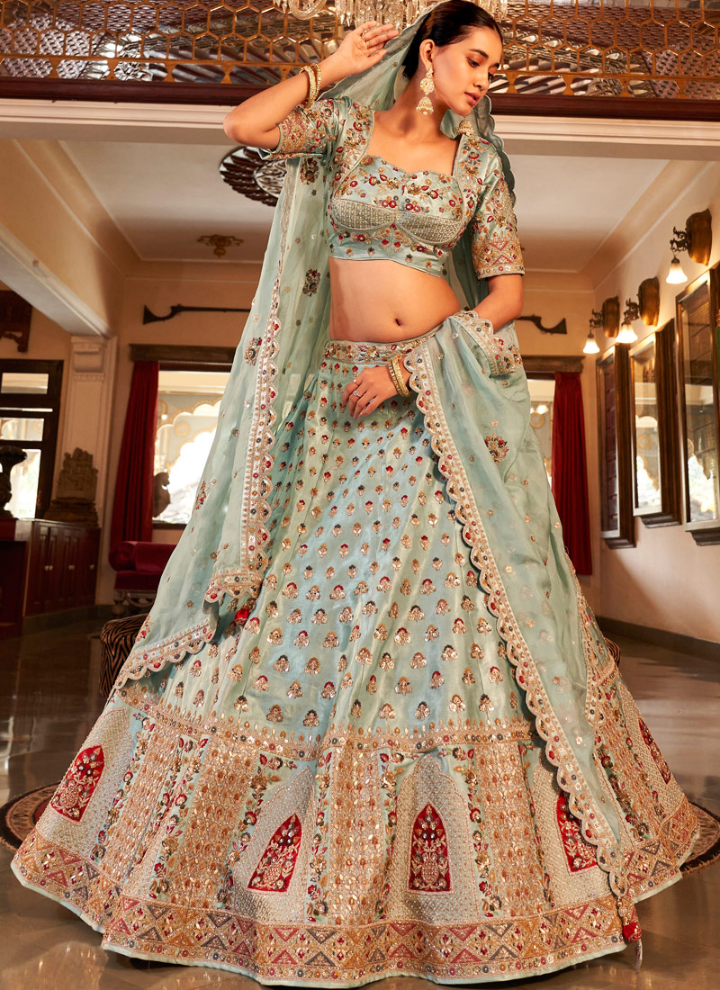 Firozi Satin Silk Heavy Hand Work Wedding Lehenga Choli