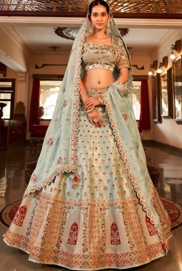 Firozi Satin Silk Heavy Hand Work Wedding Lehenga Choli