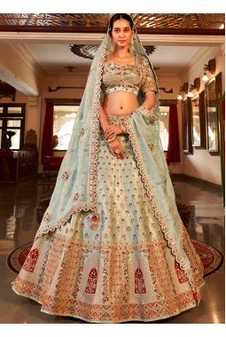 Firozi Satin Silk Heavy Hand Work Wedding Lehenga Choli