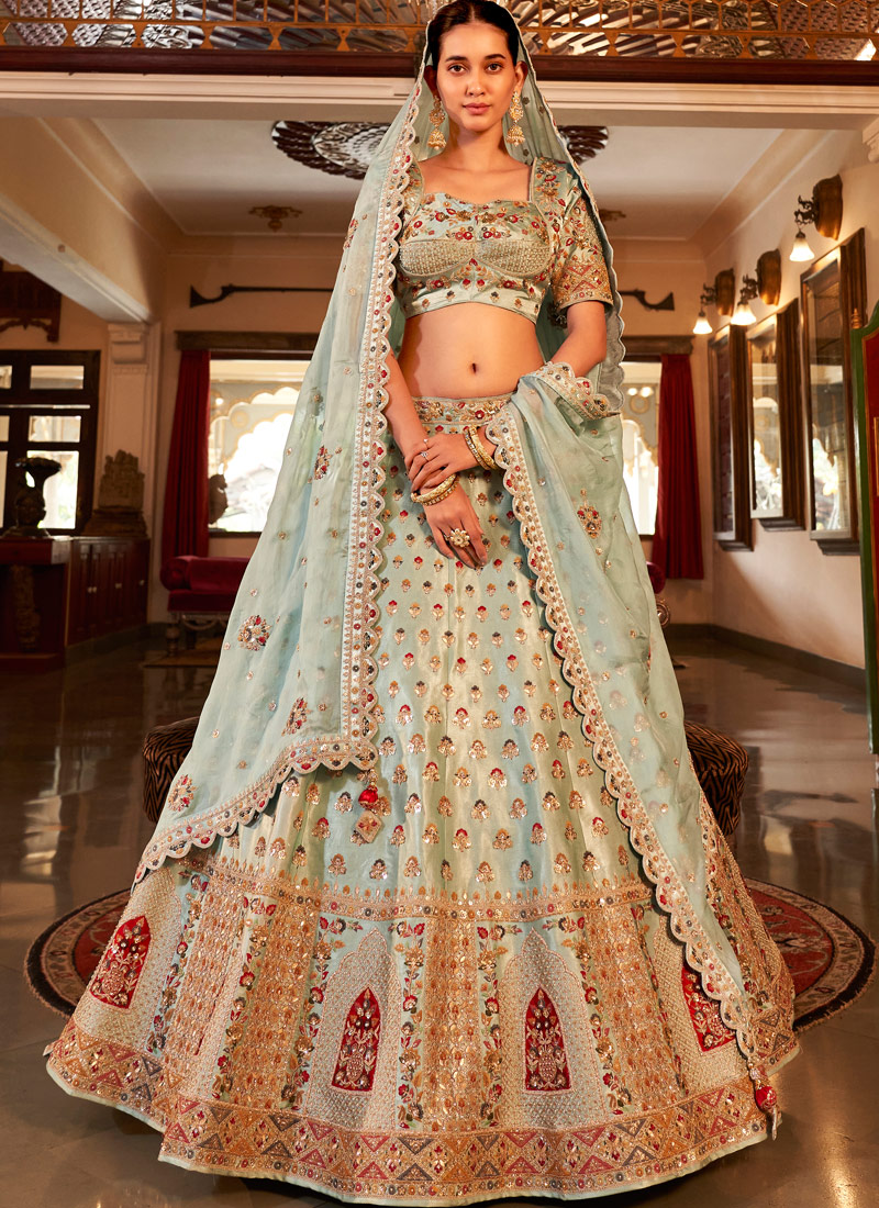 Firozi Satin Silk Heavy Hand Work Wedding Lehenga Choli