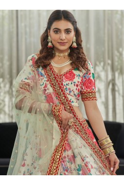 White Art Silk Digital Print Wedding Lehenga Choli