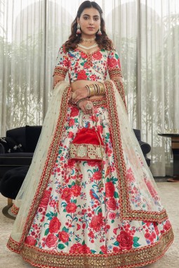 White Art Silk Digital Print Wedding Lehenga Choli
