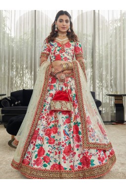 White Art Silk Digital Print Wedding Lehenga Choli
