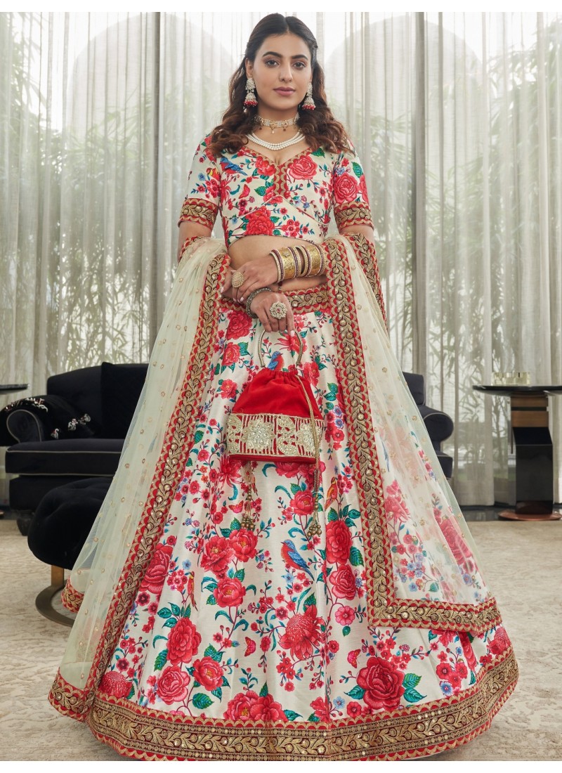 White Art Silk Digital Print Wedding Lehenga Choli