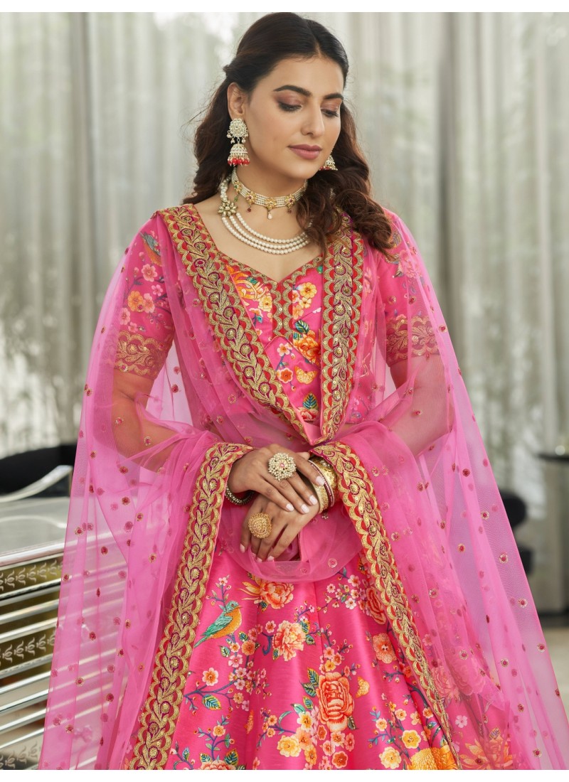 Deep Pink Art Silk Stone Work Wedding Lehenga Choli