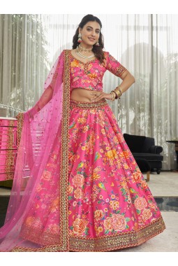 Deep Pink Art Silk Stone Work Wedding Lehenga Choli