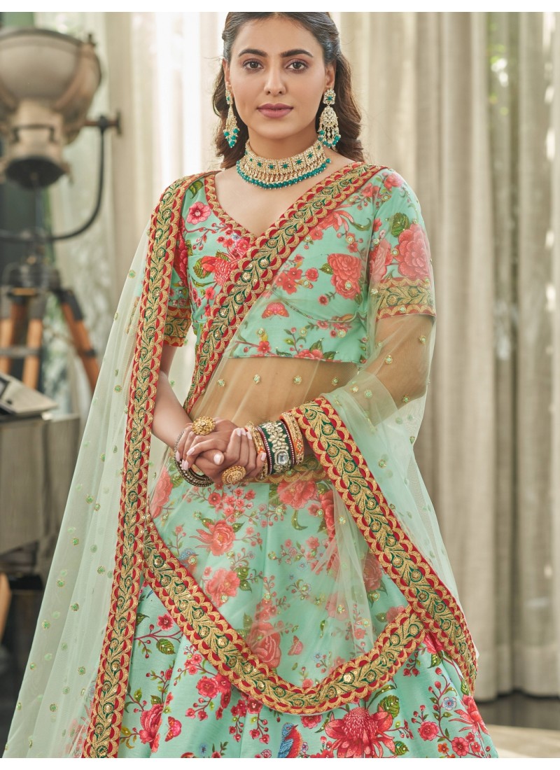 Mint Art Silk Sequins Wedding Lehenga Choli