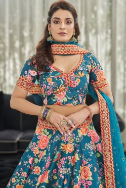Teal Blue Art Silk Stone Work Wedding Lehenga Choli