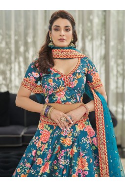 Teal Blue Art Silk Stone Work Wedding Lehenga Choli