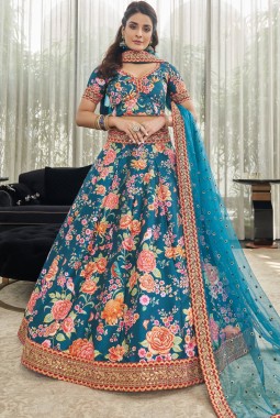 Teal Blue Art Silk Stone Work Wedding Lehenga Choli
