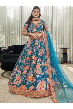 Teal Blue Art Silk Stone Work Wedding Lehenga Choli