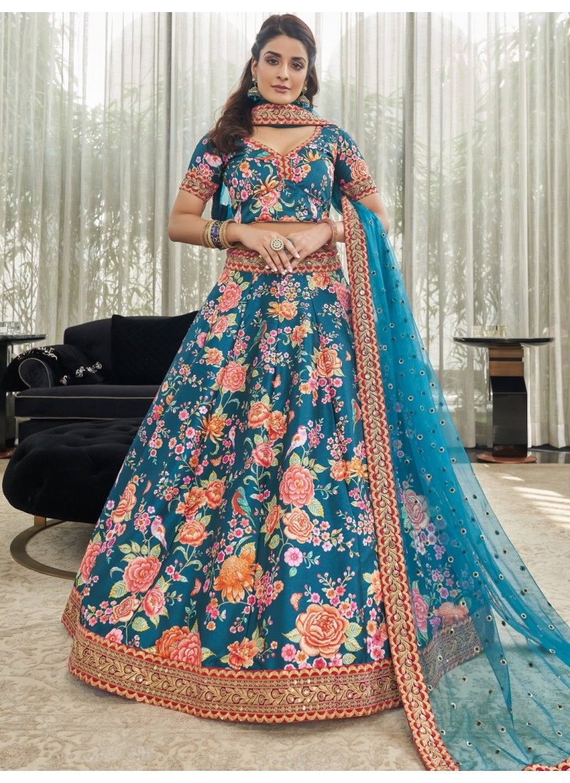 Teal Blue Art Silk Stone Work Wedding Lehenga Choli