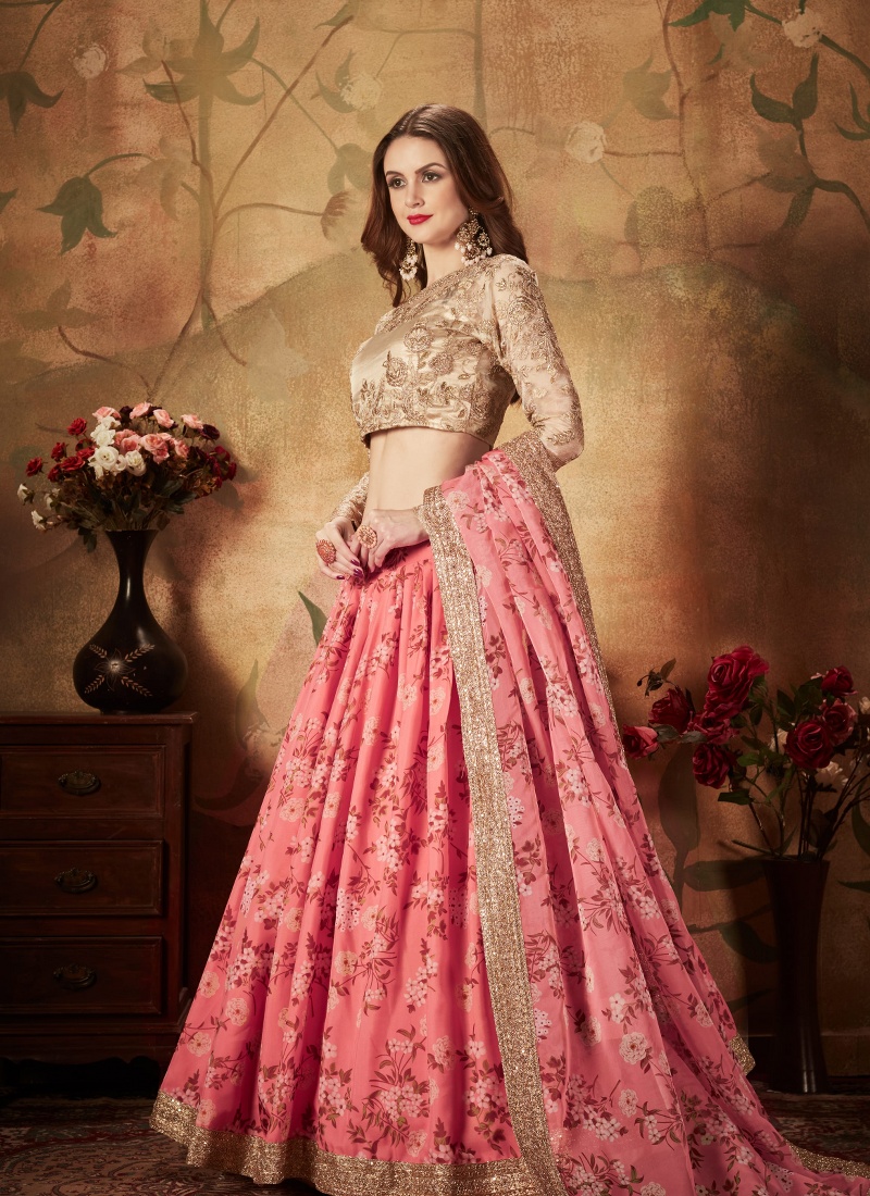 Pink Organza Zari Sequins Wedding Lehenga Choli