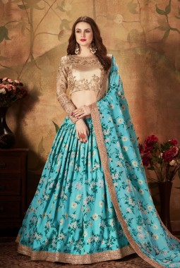 Sky Blue Organza Digital Print Wedding Lehenga Choli