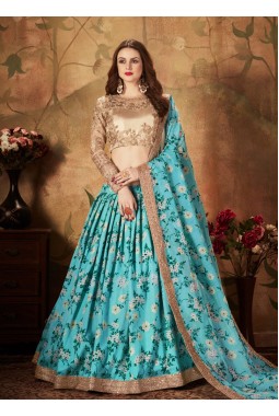 Sky Blue Organza Digital Print Wedding Lehenga Choli
