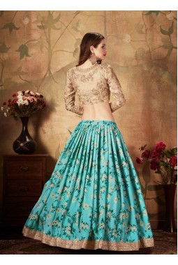 Sky Blue Organza Digital Print Wedding Lehenga Choli