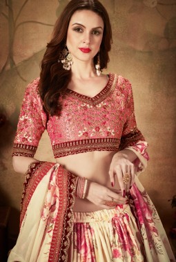 Beige Organza Digital Print Wedding Lehenga Choli