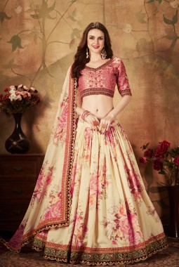 Beige Organza Digital Print Wedding Lehenga Choli