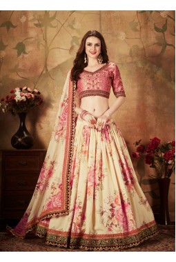 Beige Organza Digital Print Wedding Lehenga Choli