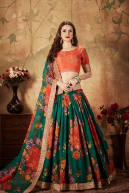 Green Organza Digital Print Wedding Lehenga Choli