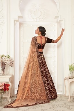 Maroon Velvet Thread Embroidery Wedding Lehenga Choli