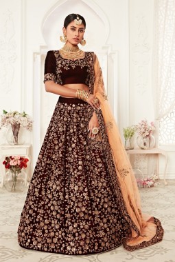 Maroon Velvet Thread Embroidery Wedding Lehenga Choli