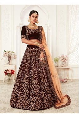 Maroon Velvet Thread Embroidery Wedding Lehenga Choli