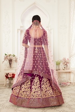 Purple Velvet Zari Embroidery Wedding Lehenga Choli
