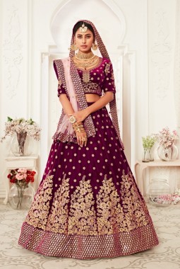 Purple Velvet Zari Embroidery Wedding Lehenga Choli