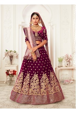 Purple Velvet Zari Embroidery Wedding Lehenga Choli
